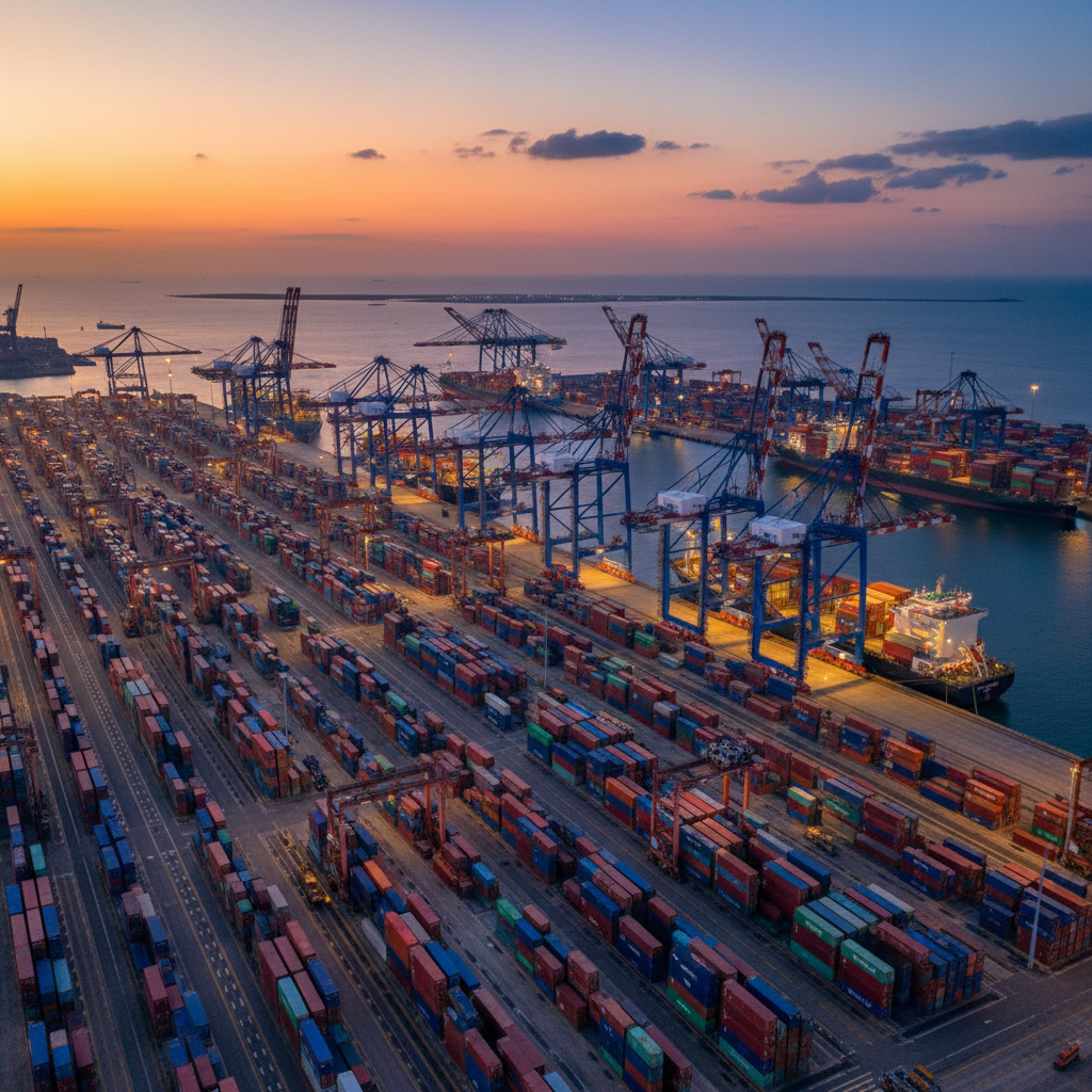An expansive, high-tech port terminal at dusk, with orderly rows of towering blue and orange gantry cranes aligned along a deep-water quay, and stacks of containers forming colorful, rectilinear patterns. The scene overlooks multiple berths where large cargo vessels are moored. Golden hour light transitions into cool twilight, with overhead mast lights and crane work lights creating pools of warm illumination on the concrete apron and casting long, dramatic shadows. The composition is captured from a high aerial perspective, showcasing the full breadth of the facility, with sharp detail and a clean, modern photographic style. The mood is industrious yet controlled, highlighting operational scale, coordination, and 24/7 reliability for international marine logistics and port services.
