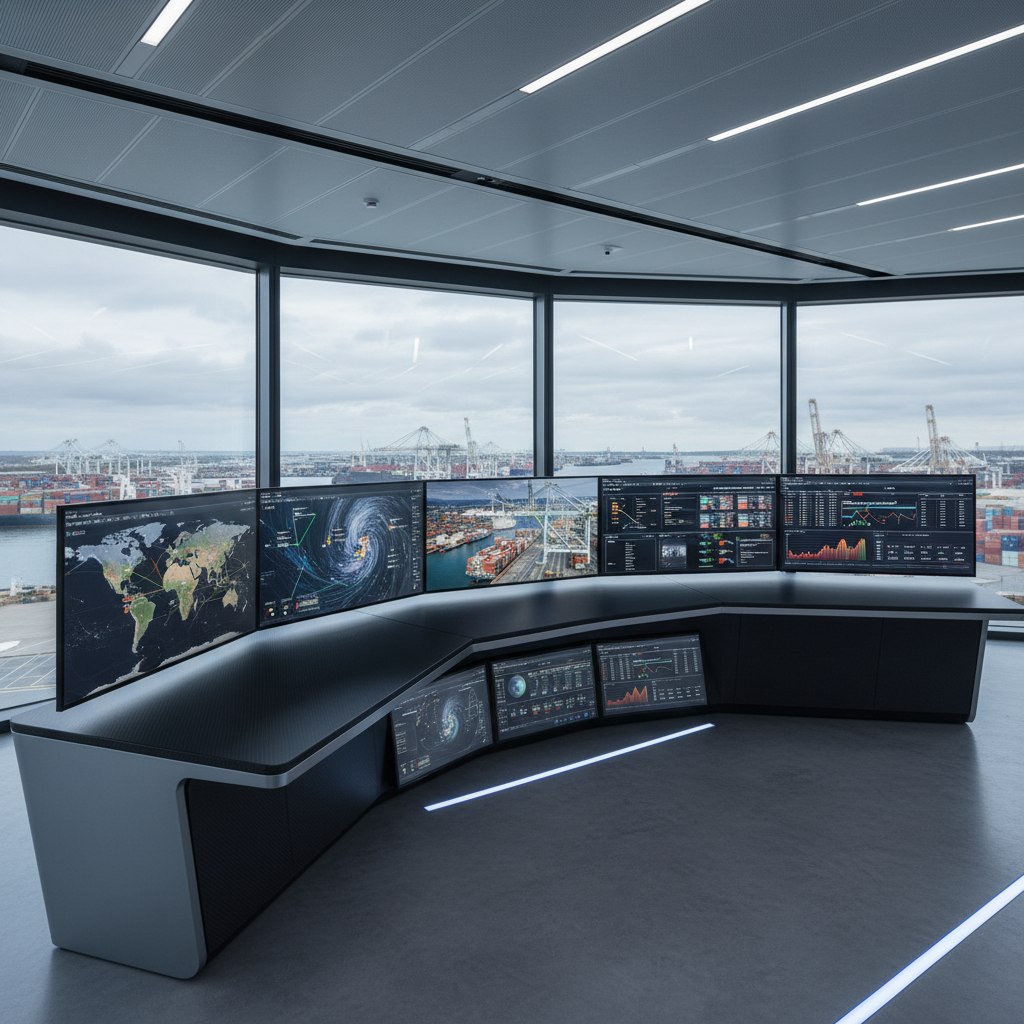 A sleek, modern marine operations control room featuring a wide, curved console of dark matte panels supporting multiple large, ultra-wide displays that show detailed nautical charts, live vessel positions, weather radar, and port schematics. Additional smaller monitors display cargo schedules and route optimization diagrams. The room has a panoramic window revealing a harbor with docked vessels and cranes in the distance. Cool, indirect LED ceiling lights blend with soft natural daylight, producing balanced, glare-free illumination. Photographed from a slightly elevated, three-quarter angle, the composition keeps all screens readable while maintaining a clean, uncluttered layout. The mood is precise, strategic, and technologically advanced, with photographic realism emphasizing coordination, real-time monitoring, and professional marine logistics management without any human operators present.
