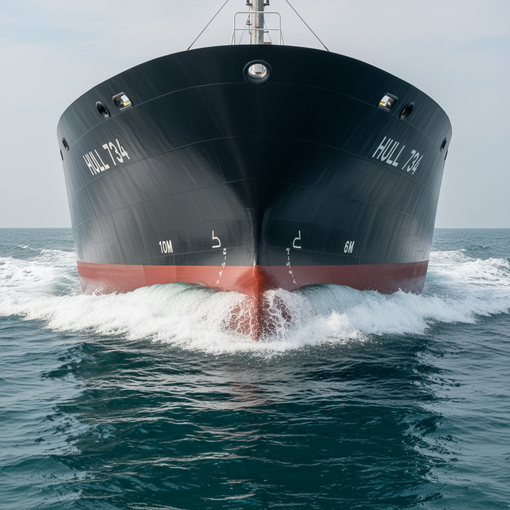 A detailed close-up of a polished steel ship’s bow slicing through deep teal water, creating a symmetrical V-shaped wake and swirling white foam patterns that trail backward. The vessel’s hull number and draft marks are clearly visible along the curved side, painted in crisp white against the dark hull. The scene is set in open sea under bright but slightly diffused midday light, giving the metal surfaces a subtle sheen without harsh glare. The camera is positioned low at water level, emphasizing power and precision. The background is minimally blurred ocean and sky, reinforcing focus on the bow. The mood is dynamic and technical, conveying strength, efficiency, and precise marine engineering in clean photographic realism.