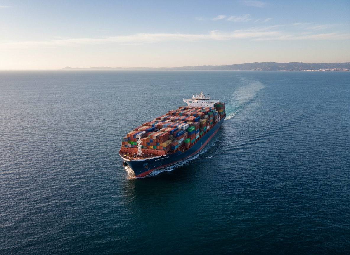 A large, modern container ship with a deep navy-blue hull and bright white superstructure cutting smoothly through calm open ocean, its deck stacked with multicolored standardized containers arranged in precise geometric rows. The vessel is positioned centrally on a vast expanse of water, with a distant coastline barely visible on the horizon. Soft late-afternoon sunlight creates crisp reflections on the metallic containers and subtle highlights on gentle waves. The sky is clear with a few high, wispy clouds. Photographed from a slightly elevated aerial angle with sharp focus throughout, the composition emphasizes scale, reliability, and global reach. The mood is professional, confident, and forward-moving, with clean, photographic realism suitable for a corporate marine logistics homepage hero image.